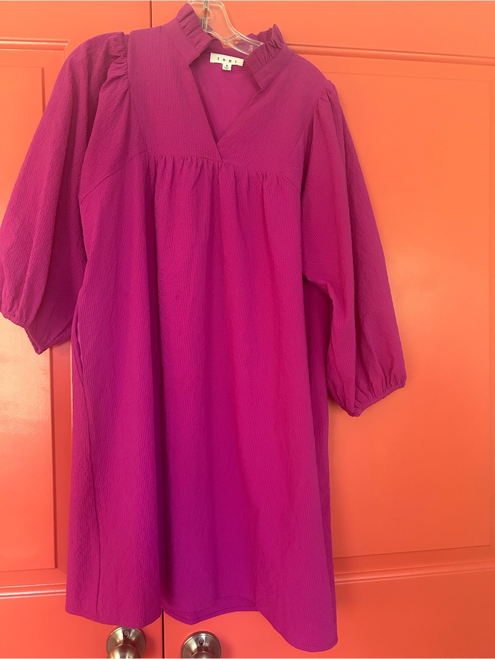 THML Magenta Puff-Sleeve Ruffle-Neck Casual Dress